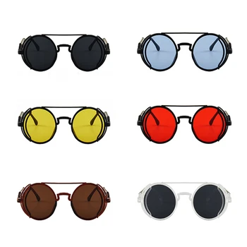 Слънчеви очила в стил пънк-парни машини, двойни пружинящие очила, модерен кръгли слънчеви очила, мъжки маркови дизайнерски изделия в готически стил