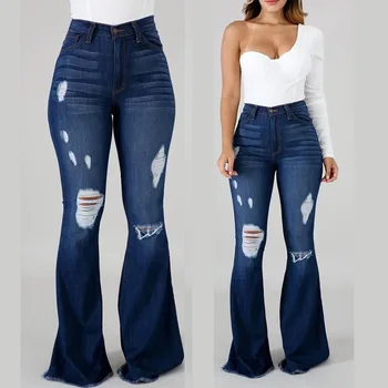 Дънкови дамски панталони с Висока еластичност, Скъсани дънки, разкроена панталони с висока талия за жени