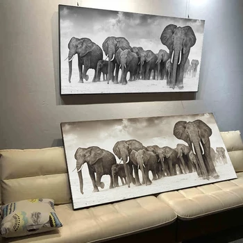 Плакати с африкански животни и щампи, група Слонове, живопис върху платно, Хол, Спалня, Стенно изкуство, Декорация на дома, живопис
