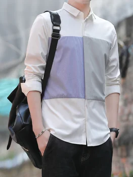Ежедневна риза Мъжки Блузи с дълги ръкави в стил мозайка, Жилетка копчета за почивка, японски контрастни основни ризи Harajuku Camisa 2023 C116