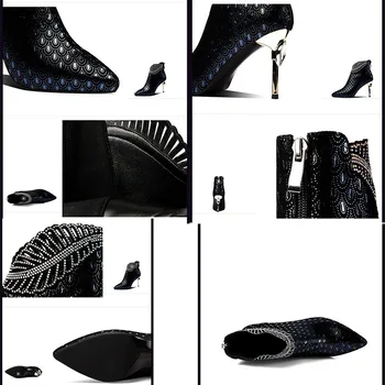 Дамски кожени ботуши с релефни изображения на висок ток с шарките на павлина, Елегантни обувки на висок ток с остър пръсти, Есенна обувки за банкет и парти за жени
