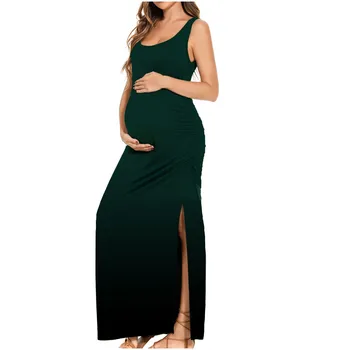Реколта Дълги рокли за жените, 2023, Дълга рокля за бременни с цепка, без ръкави, с рюшами, Дрехи за бременни, Рокли с градиентным принтом, Vestidos