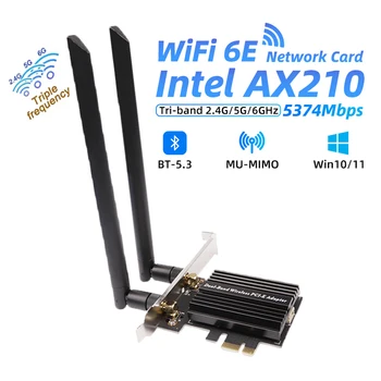 Тенис на Wi-Fi 6E Bluetooth 5.3 Intel AX210 PCIe WiFi Адаптер 5374 Mbps, 802.11 ax AX210NGW Безжична карта WiFi 6E Windows Linux 10