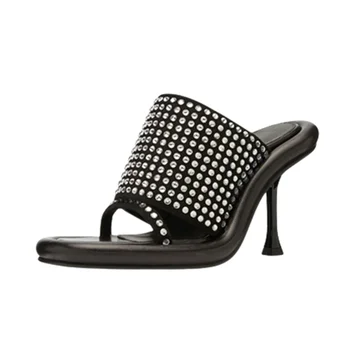 Летни чехли, дамски чехли, Стилни кристални пързалки, сандали-гладиатори с квадратни пръсти, луксозни дамски обувки на среден ток в стил на модния подиум