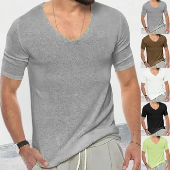 Лятна трикотажная тениска За мъже с V-образно деколте и къс ръкав, монтиране вязаный топ, Мускулест мъжки пуловер