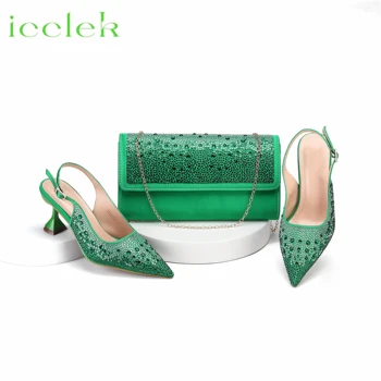 Висококачествени сандали в зелен цвят с остри пръсти, комплект с чанта в тон, за нигерийски жени, за сватба парти
