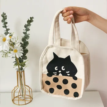 Хубава Жена Холщовая чанта с изображение на коте, чанта-тоут с шарени Малка черна котка, Женска чанта от еко-памучен плат, Декорация, чантата за дамите