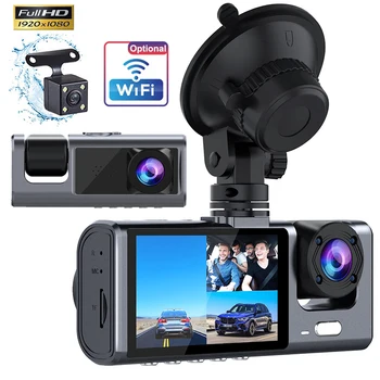 3-канален видеорекордер за коли, WiFi, камера за кола, видео 1080P, е Черна кутия, с два обектива Вътре в автомобилния видеорегистратора, камера за задно виждане