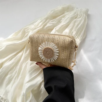Дамски Модни чанти-чанти, Ежедневни сламена чанта-месинджър с цип, лек Дишащ украшение цвете за дневни пътувания, ваканции