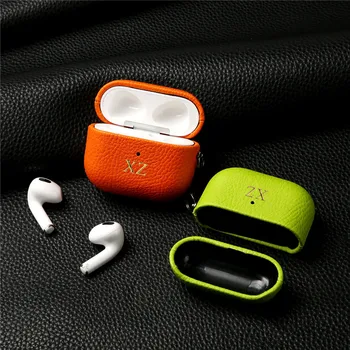 Персонални Златни букви, Луксозни Калъфи за слушалки от естествена кожа Личи за Airpods 1 и 2, Airpod pro, Airpods 3, Airpod pro 2 е чанта за носене