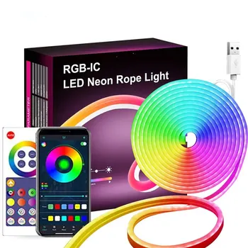 3 М Умен Силикон RGBIC Неонова Светлина LED Неонови Въжени Светлини САМ Светлинна Ивица, Bluetooth Музика SyncTV Осветление Игри Декорация на Спалнята
