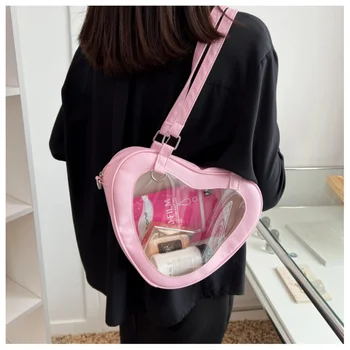 Модерен Дамски Прозрачна чанта през рамо от PVC с форма на Сърце, Прозрачна Женствена чанта за момичета, Ежедневна Пътна Чанта, чанта-голяма пазарска чанта, портфейл