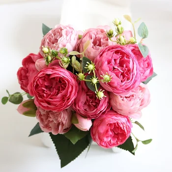 5 Глави, Имитации на изкуствени цветя, Роза, Божур, цветя за букет, 30 см, Изкуствени цветя, Flores Artificiais, Скандинавски сватбен декор