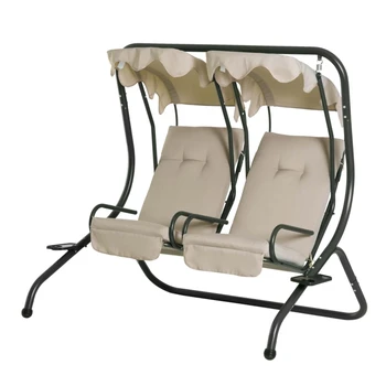 Съвременно 2-местно стол-люлка за двор на открито, седалки за веранда с подстаканником и подвижен навес, бежов