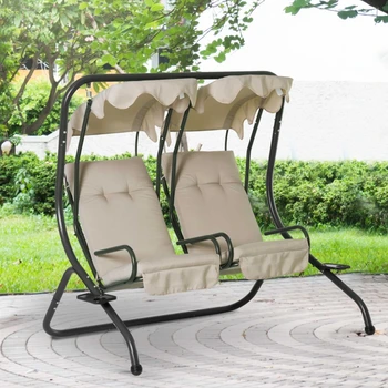 Съвременно 2-местно стол-люлка за двор на открито, седалки за веранда с подстаканником и подвижен навес, бежов