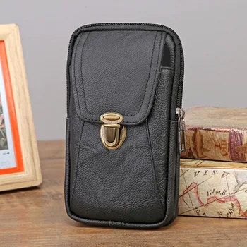 Чанта за мобилен телефон, Мъжко кожено поясная чанта, поясная чанта с голям капацитет, кафяви торби през рамо, чанта през рамо, многопластова чанта с катарама