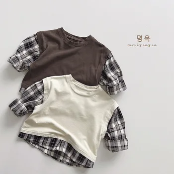 Детска клетчатая долна риза в стил мозайка ~ 2023, есенна новост, мъжки и дамски тениска за деца, универсален детски дрехи