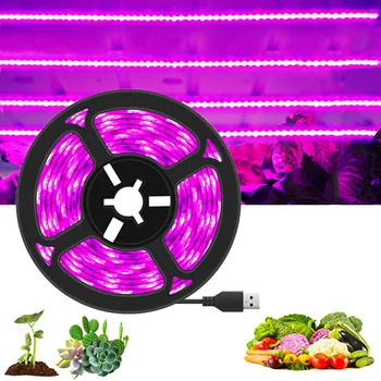 USB LED Grow Light Пълен набор от 1-5 м Растителен светлина се Разраства Led лента Фито Лампа за растеж оранжерии Хидропоника За отглеждане цветя