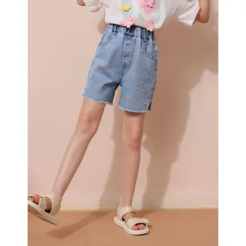 Детски дрехи, дънкови къси панталони за момичета, лятна новост 2023 година, корейската версия на пет минути панталони за момичета в чужд стил за момичета