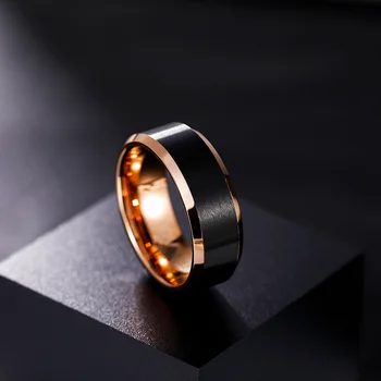 Somen 8 мм Мъжки пръстен от волфрам карбид, Годежен пръстен, Черен Матиран Скосени Полиран ръб, Розово злато Вътре Годежни пръстени