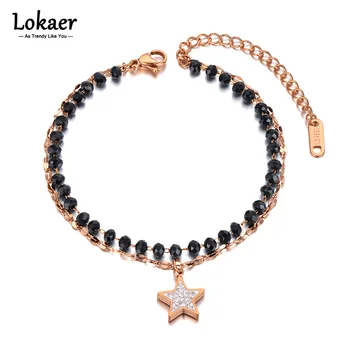 Lokaer двуслойни гривна-верижка от неръждаема стомана с черен кристал за жени, Бохем гривна с кристали във формата на звезда, бижута B21081