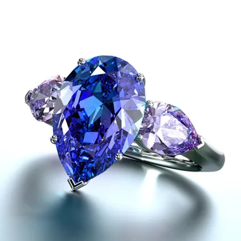 Грушевидная капка вода, инкрустированное Синьо-лилаво Цирконии Пръстен За жени, Модерно Индивидуално пръстен от сплав на палеца, дамски официални украса