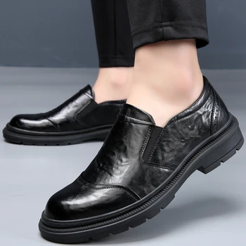 Мъжки Бизнес Кожени Обувки; Пролетни Ежедневни Oxfords с кръгло бомбе на дебела Подметка; Удобни Обувки без Стягане; Zapatos Hombre Vestir