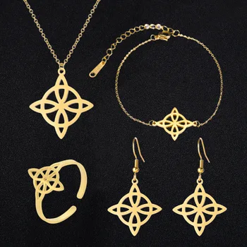 Селтикс Symbol Witch ' s Knot, комплект бижута с ведьминым възел, Дамско колие, гривна, Обици, пръстен, бижута от неръждаема стомана от четирите теми