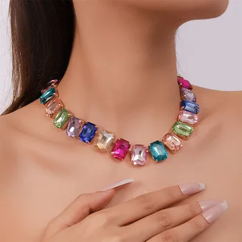 Цветни Квадратни кристални колиета-chokers за жени, Модни Красиви колиета-на веригата за бр, отчети, бижута, подаръци за партита