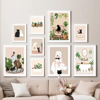 Зелени растения, Черна котка, жена, Кофейно-бежовата Стенни картини, плакати на скандинавскую тема и щампи, стенни картини за всекидневната, адаптивни