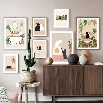 Зелени растения, Черна котка, жена, Кофейно-бежовата Стенни картини, плакати на скандинавскую тема и щампи, стенни картини за всекидневната, адаптивни