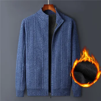Вязаный пуловер с цип с вълнена подплата, мъжка жилетка, плътна и топла зимна мъжки дрехи, ежедневни палта, якета, черна жилетка