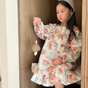2023 Корейска рокля с принтом и волани за момичета, Памучни Есенните Модни дрехи за момичета, Детски Дрехи, Детски Дрехи 2-8 Години