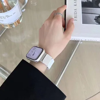 Подходящ за Apple Watch 45 мм 44 мм поколение S9876SE от естествена кожа с магнитна Обратна Катарама, регулируем за каишка За часовник