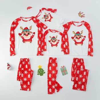 Коледен семеен пижамный комплект, удобен комплект от две части топ с дълги ръкави и принтом, Ластични панталони, дрехи за родители и деца