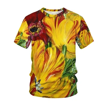 Модни реколта тениска с цветен 3D принтом, Градинска дрехи, Дамски тениски оверсайз Y2k Harajuku, блузи, тениски, елегантни облекла за момичета