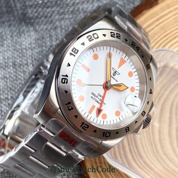 Мъжки Автоматичен часовник Tandorio 40 мм механизъм NH34 GMT, черен или бял циферблат, Сапфирен кристал, дата, оранжеви стрелки, гривна 316L