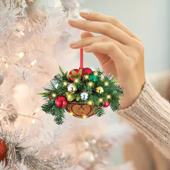 Изкуствена Подвесная кошница с цветя, Коледни висулка, 2D Зелено-Червено Венец, Растителни декорации за Коледната Елха, Весела Коледна украса