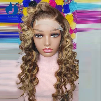 Аметист Къдрава Перука От Човешка Коса Меден Blond С Връхната точка на Бразилския Кафяв Цвят, Дълбока Вълна, Прозрачен Перука с Предна част от Дантела 13x6