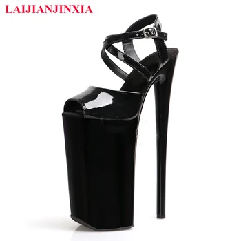 LAIJIANJINXIA/ Новост; черни обувки от изкуствена кожа на висок ток 26 см; Пикантни модел обувки за танци на един стълб; Дамски сандали на платформа за партита и шоу;