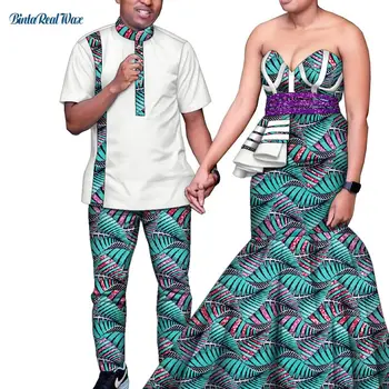 BintaRealWax/един и същ облекло за Африканската двойки на Сватбата, Мъжка риза с принтом в стил мозайка, Комплект от 2 теми, на Макси рокля без презрамки, Женствена рокля WYQ1011