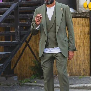 Най-новите модели палта и панталони, Маслинено-зелен Двубортный жилетка, Мъжки летни костюми, всекидневни костюм от 3 теми, Смокинги 2019 (Яке + жилетка + панталони)