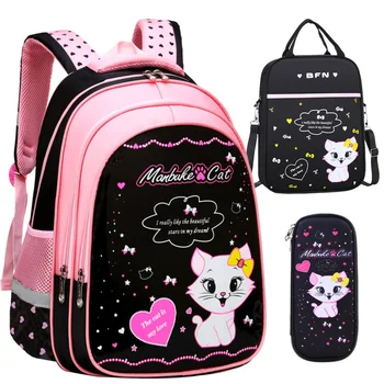 Училищни чанти за деца 1-6 клас за момичета, училищен раница с изображение на котка, училищен раница за начално училище с мультфильмом, детска раница за училище