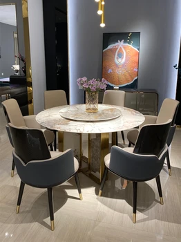 Италиански мрамор маса луксозна вила за дома, маса за хранене и стол от неръждаема стомана, комбинация от съвременен на светлината, луксозна кръгла маса
