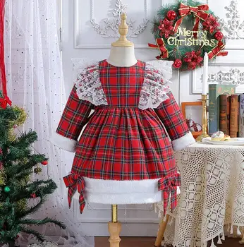 Детски Коледни рокли Multitrust За момичета, Дантелено плюшевое рокля в червената клетка, Коледен костюм на Принцеса, Коледна дрехи за малките момичета