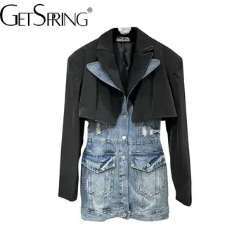 Дамско палто GetSpring 2023, Есенна мода, Дълъг ръкав, Подвижна Дълга деним яке в тон, два начина на носене, Дамски блузи