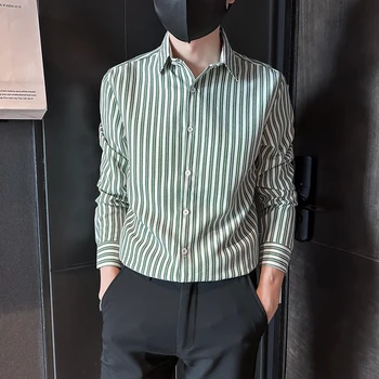 Мъжки пролетни риза райе с високо качество с дълги ръкави/Мъжки приталенная модерен бизнес и ежедневни риза 3XL-M