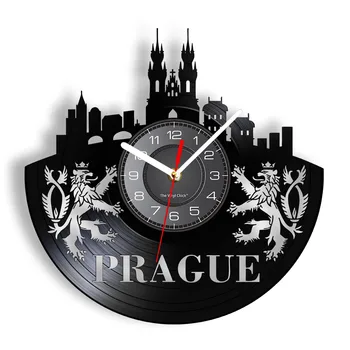 Стенен часовник с led подсветка силуета на Прага Забележителностите на Столицата на Чешката Република Vinyl плоча Стенен часовник Уникален подарък за Пътуване