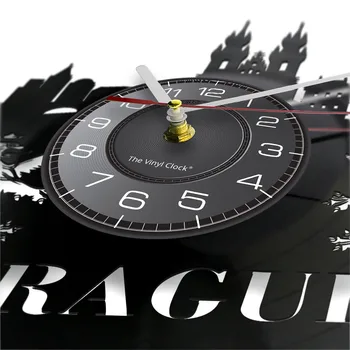 Стенен часовник с led подсветка силуета на Прага Забележителностите на Столицата на Чешката Република Vinyl плоча Стенен часовник Уникален подарък за Пътуване