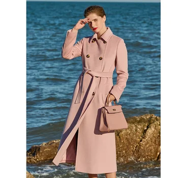 Ново есенно-зимния розова вълна палто с високо качество, дамско дълго класическо двубортное вълна палто с деликатен темперамент